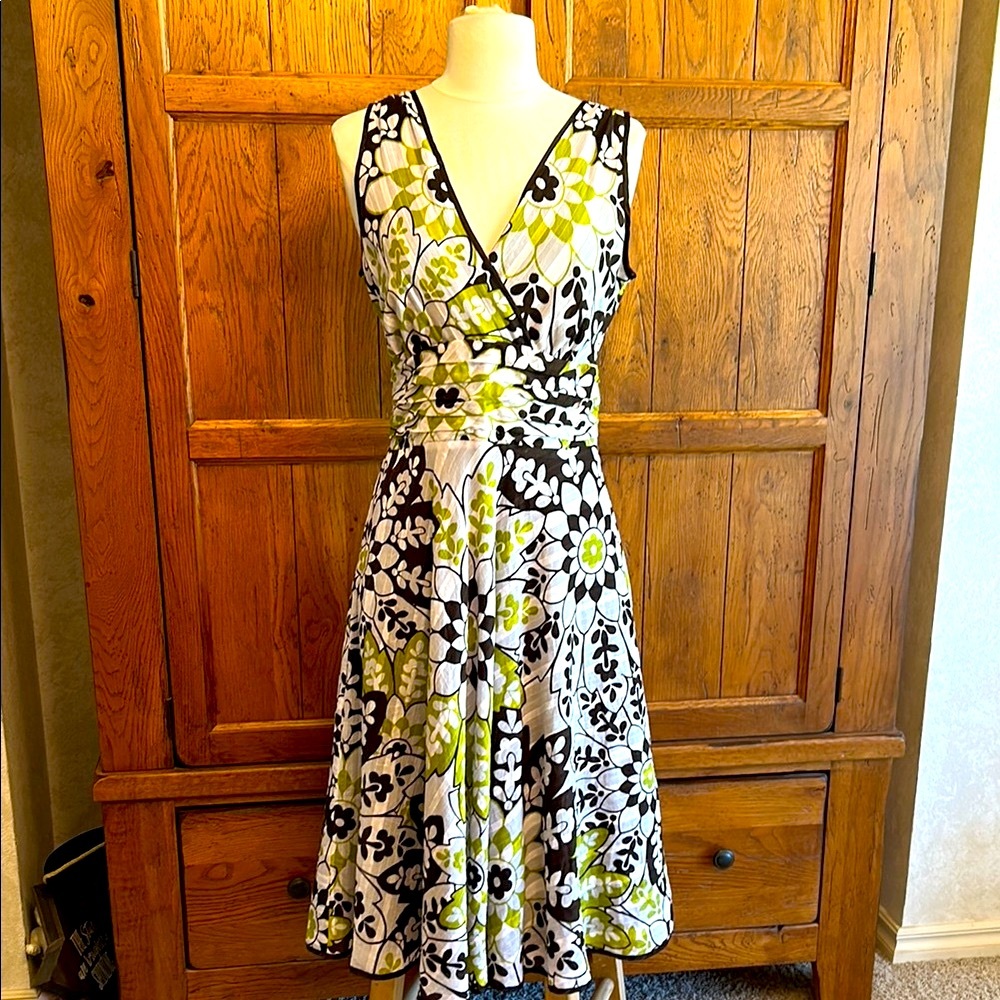 DRESSBARN Brown White @ Lime Green Sleeveless V-Neck Midi Dress Size 4